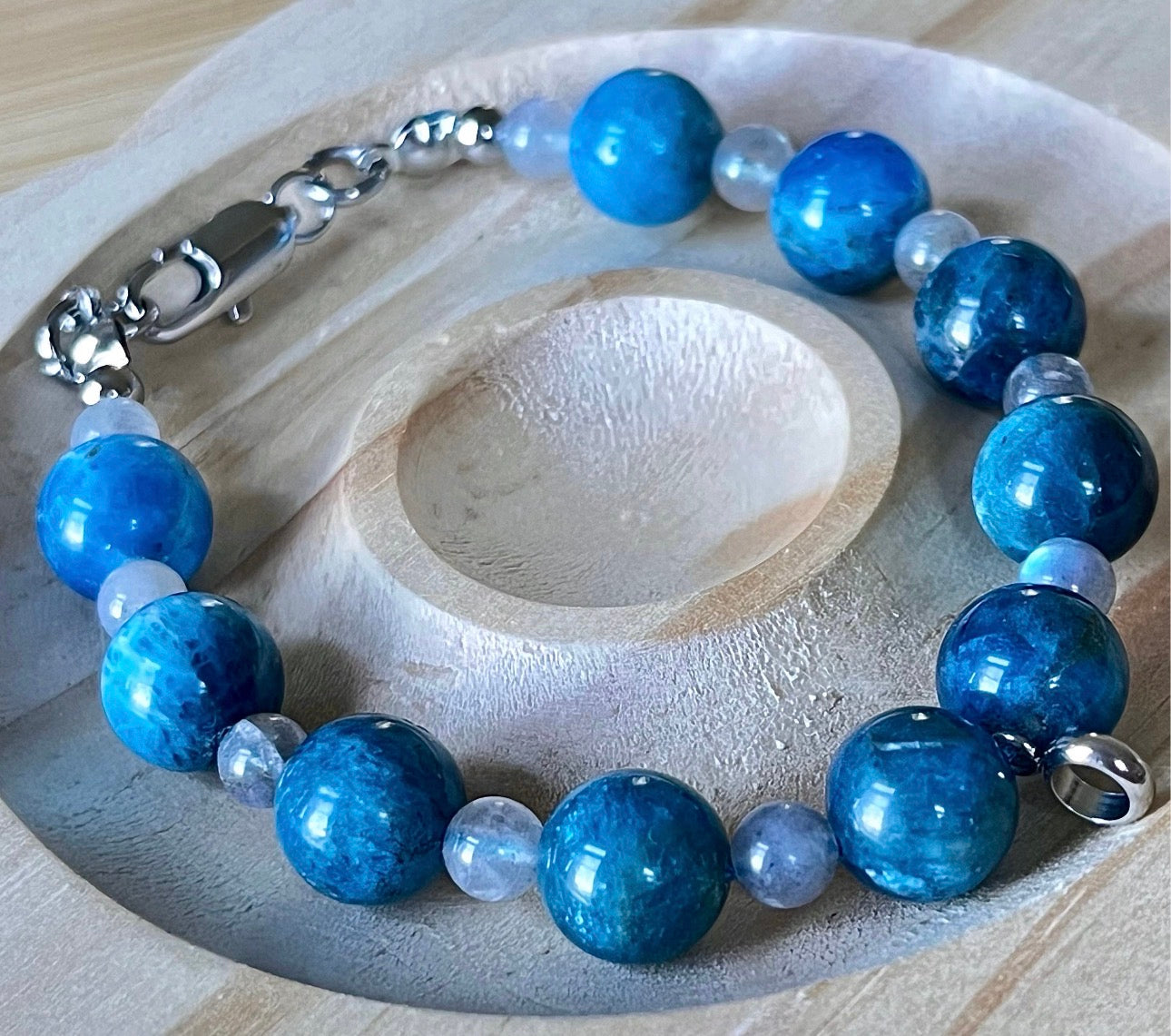 Blue apatite and gray moonstone bracelet with stainless steel hardware and optional sterling silver gemstone pendant!