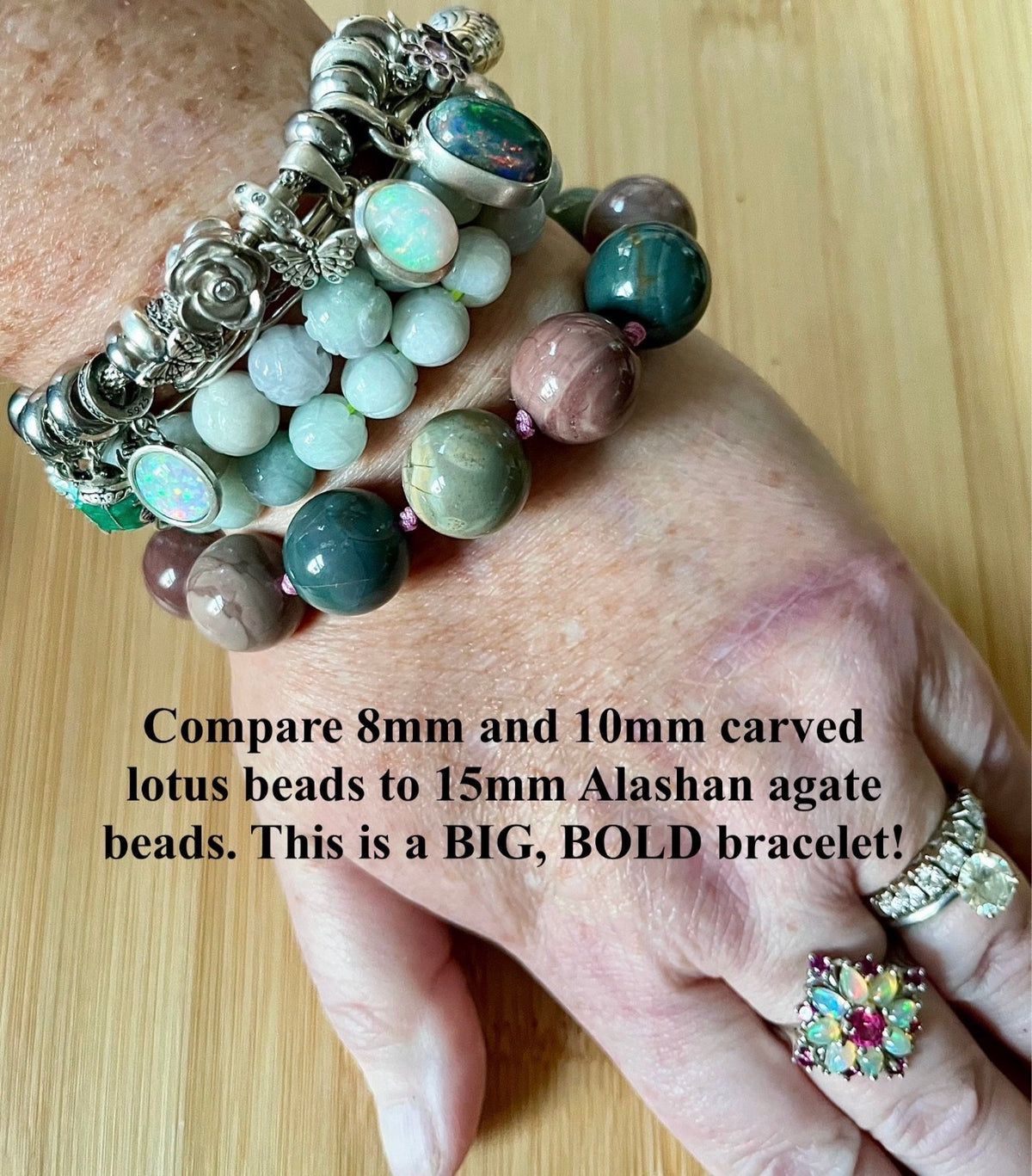 Alashan agate bracelet. Semiprecious 15mm Alashan agates, hand knotted with durable stainless steel components! Big, bold and beautiful!