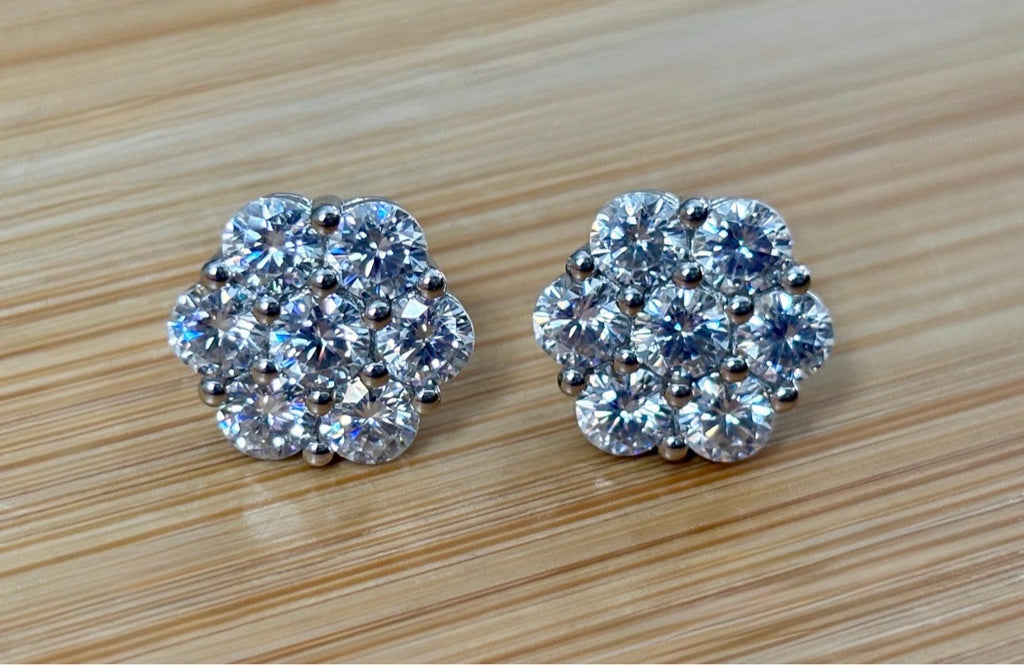 Moissanite earrings. A 4.2cttw certified pair of glamorous Moissanite cluster earrings with gorgeously bright stones and screw-on ear nuts!