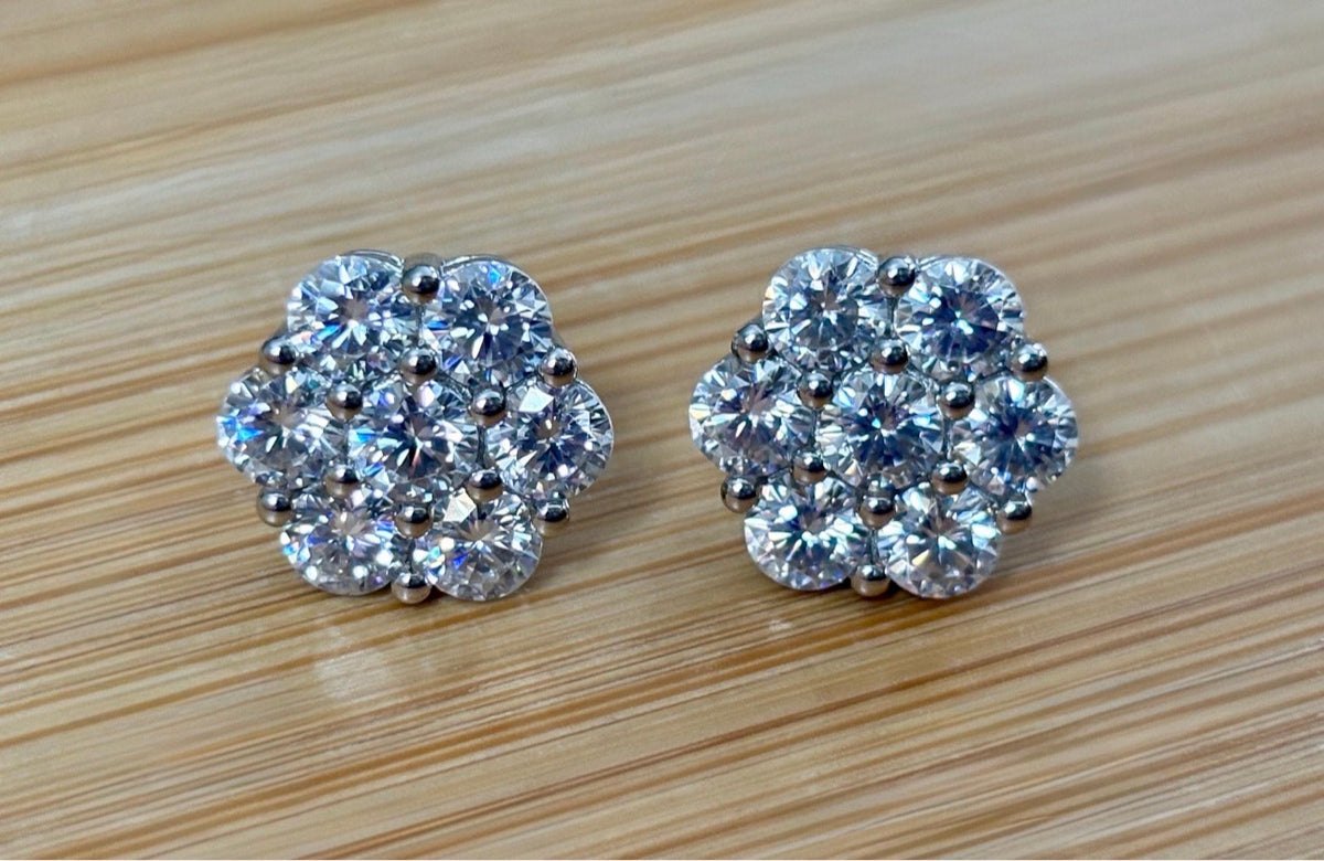 Moissanite earrings. A 4.2cttw certified pair of glamorous Moissanite cluster earrings with gorgeously bright stones and screw-on ear nuts!