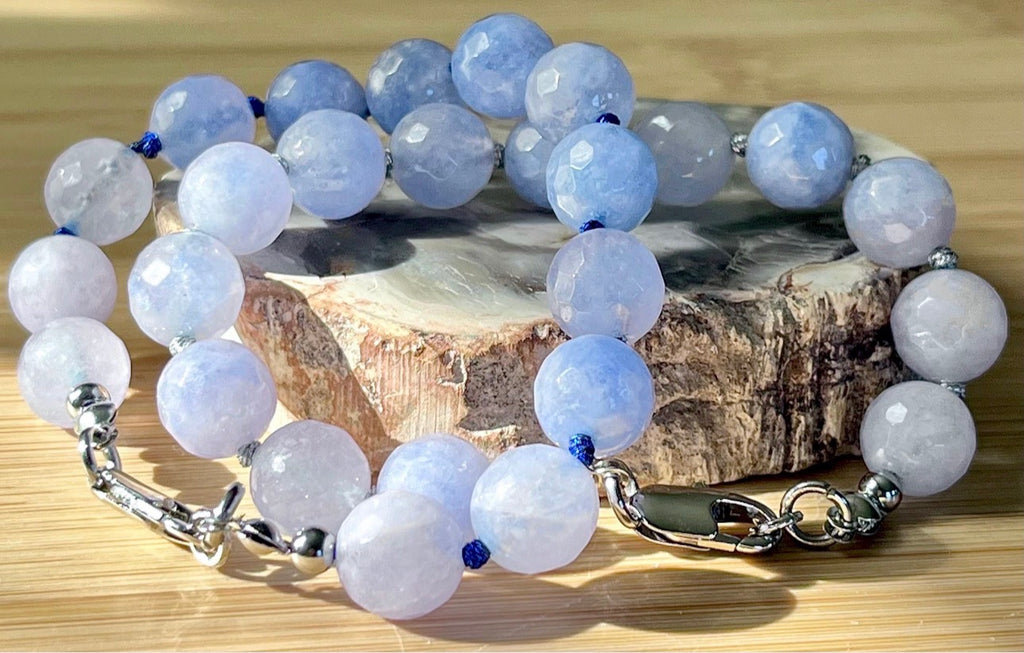 Aquamarine bracelet and/or earrings. The “Silent Night” faceted aquamarine hand knotted bracelet with METALLIC string and your choice of yellow gold plated or silvery stainless steel bracelet hardware!