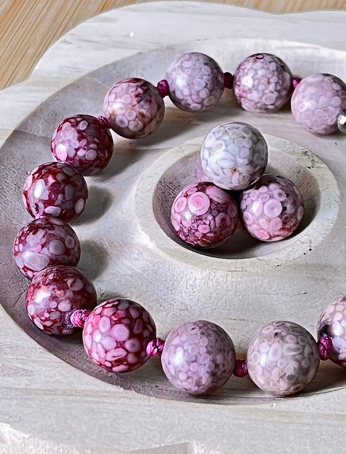 Chrysanthemum stone bracelet, hand knotted with 10mm beads, stainless steel and optional sterling silver rubellite tourmaline pendant!