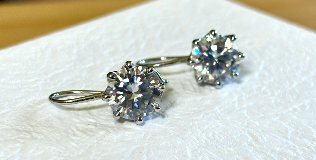 Moissanite earrings. Exclusive 8ctw double certified Moissanite fish hook earrings with *buckle backs* in 935 Argentium silver and 18k white rhodium!