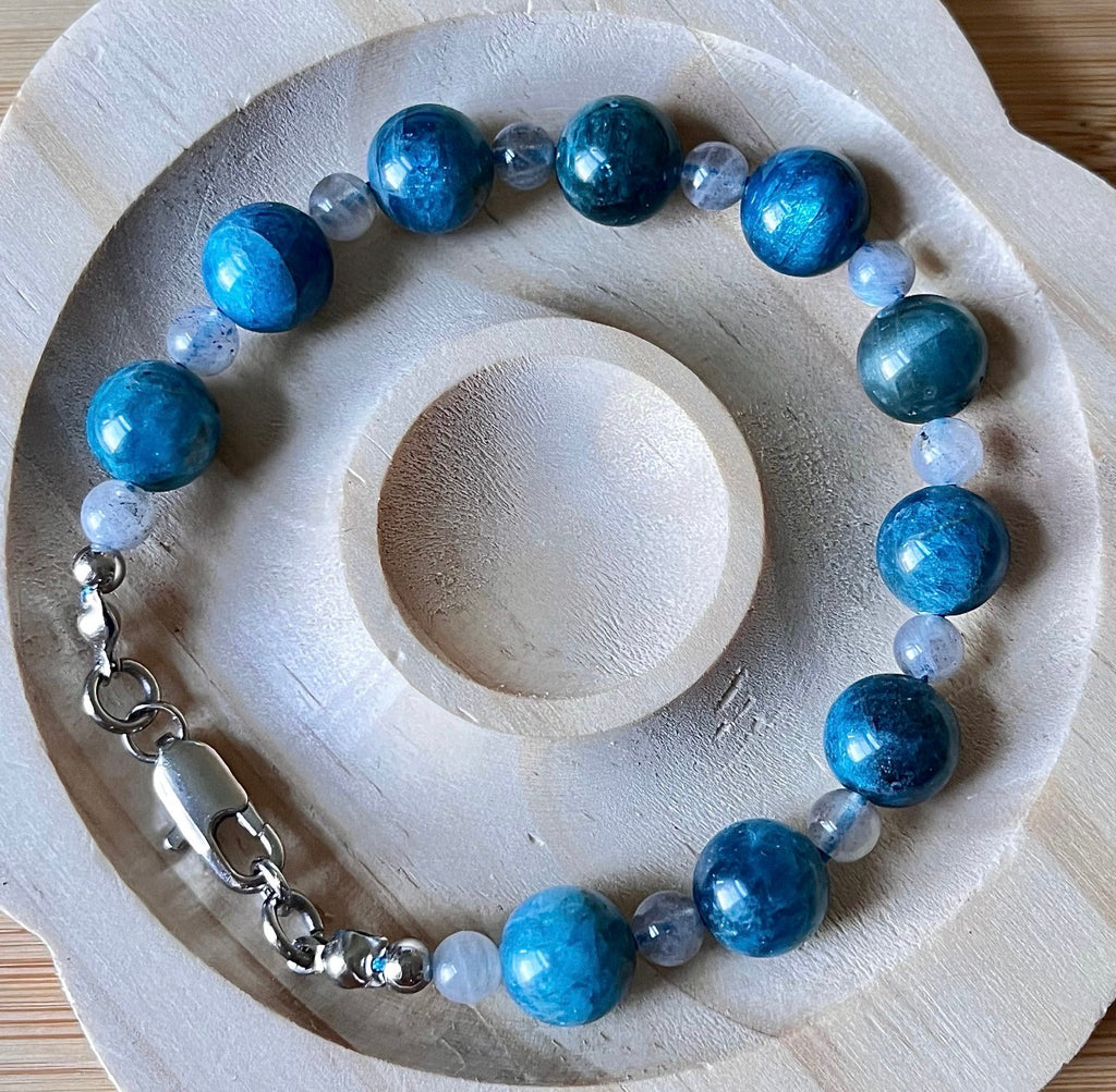 Blue apatite and gray moonstone bracelet with stainless steel hardware and optional sterling silver gemstone pendant!