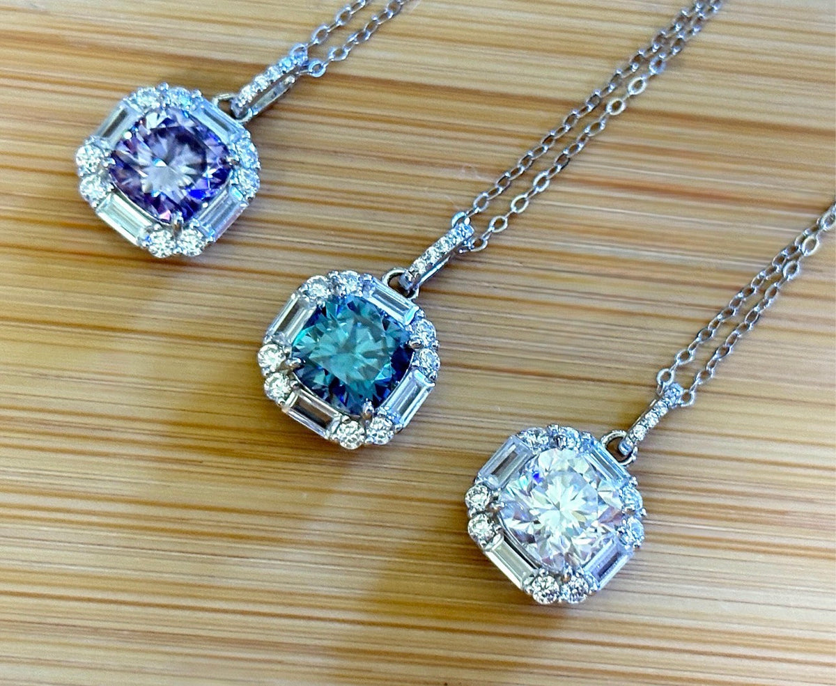Moissanite necklace. A certified 2.5ct white, deep blue or purple cushion-cut Moissanite in a 1.5ctw multi-cut zircon halo, a 4ctw pendant that’s eye-catching and super flashy!
