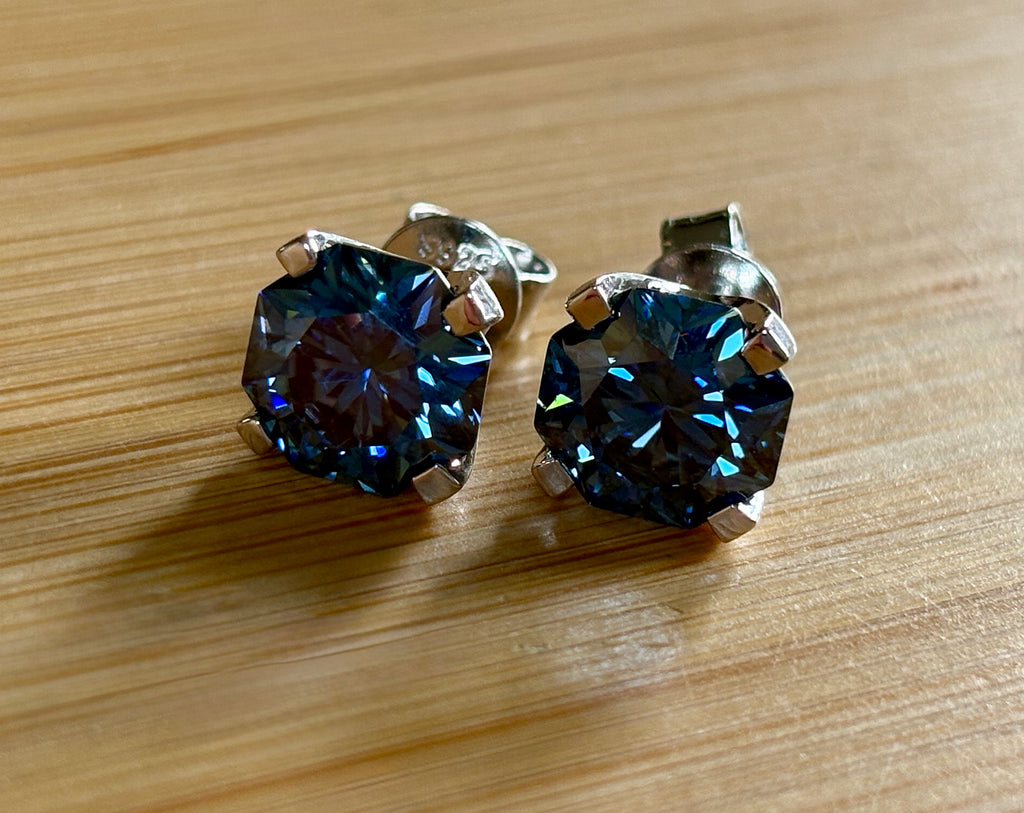 A *PHENOMENAL* 2.4cttw or 6cttw DOUBLE certified pair of octagonal-cut, star-faceted, royal blue Moissanite studs in 935 Argentium silver!