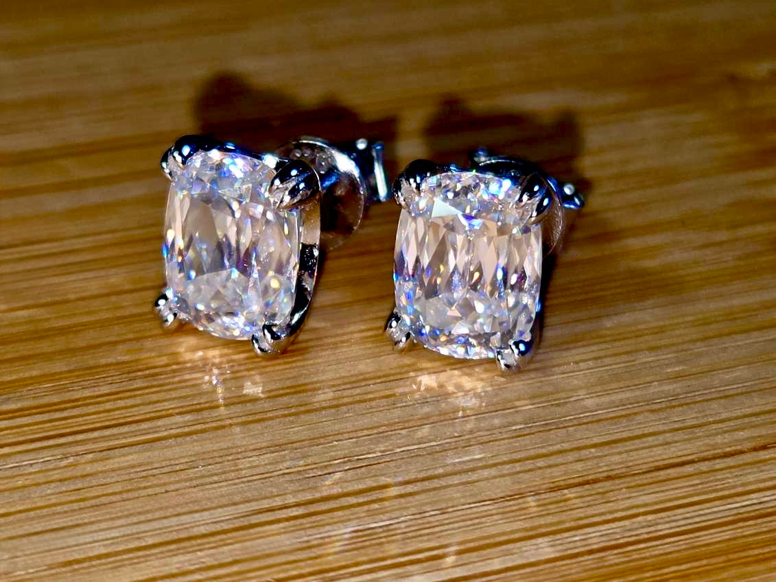 6ctw Ashoka-cut Moissanites in Argentium silver, hand-cut by a Master lapidary! These studs are the highest of the high end!