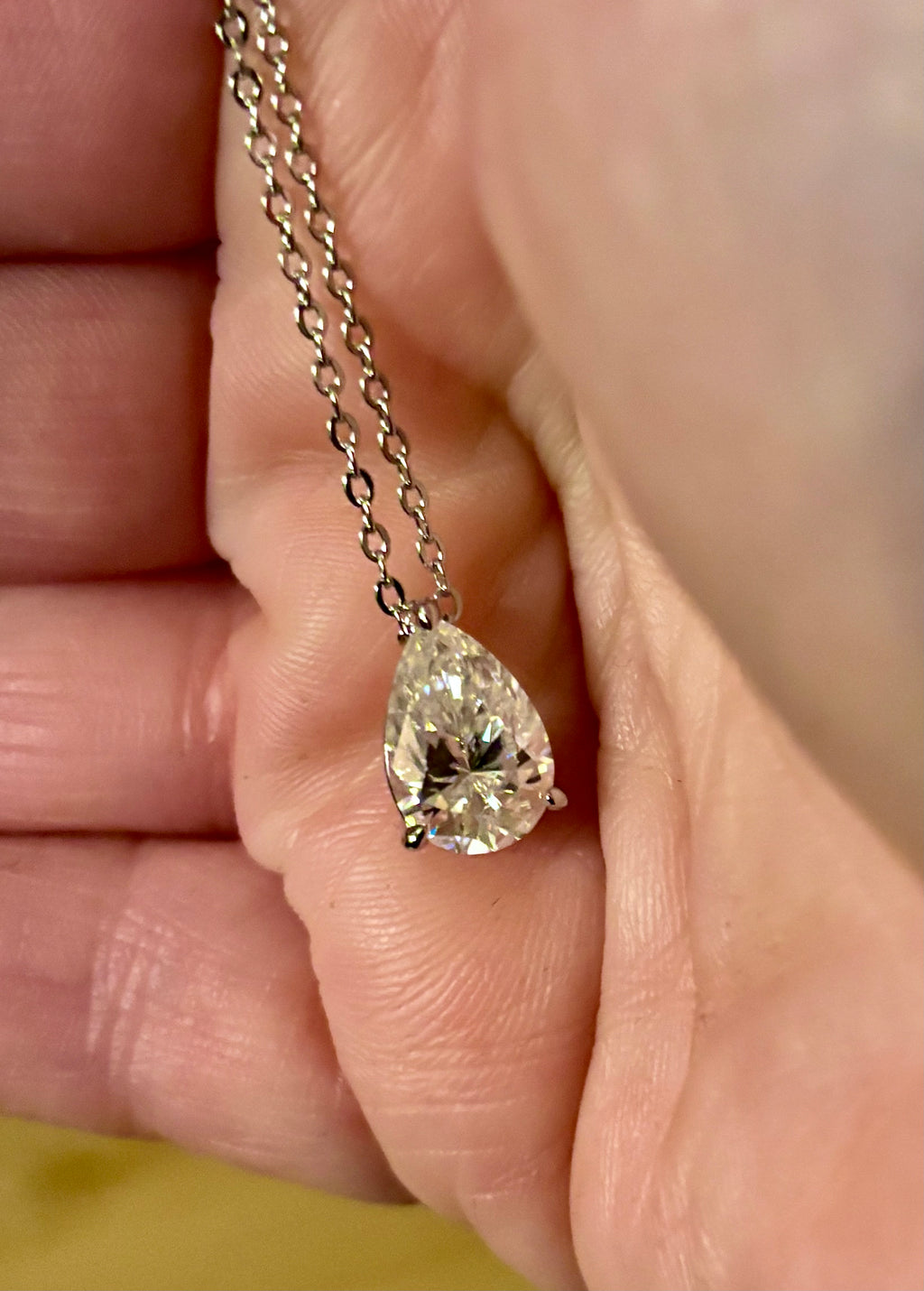 Moissanite necklace. A GORGEOUS certified 4ct pear-cut Moissanite pendant in sterling and 18k white gold on a nice 22” cable link chain!