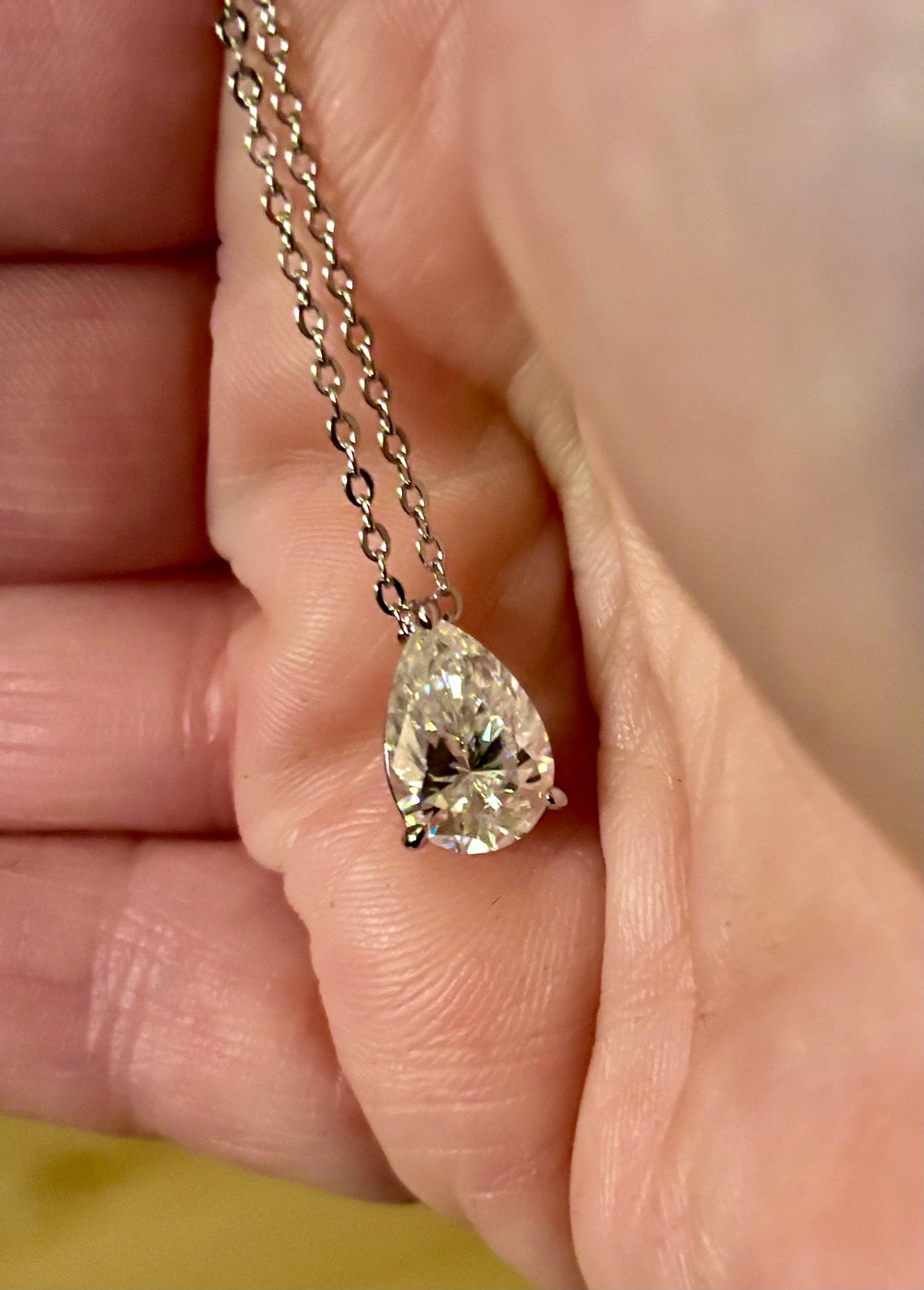 Moissanite necklace. A GORGEOUS certified 4ct pear-cut Moissanite pendant in sterling and 18k white gold on a nice 22” cable link chain!