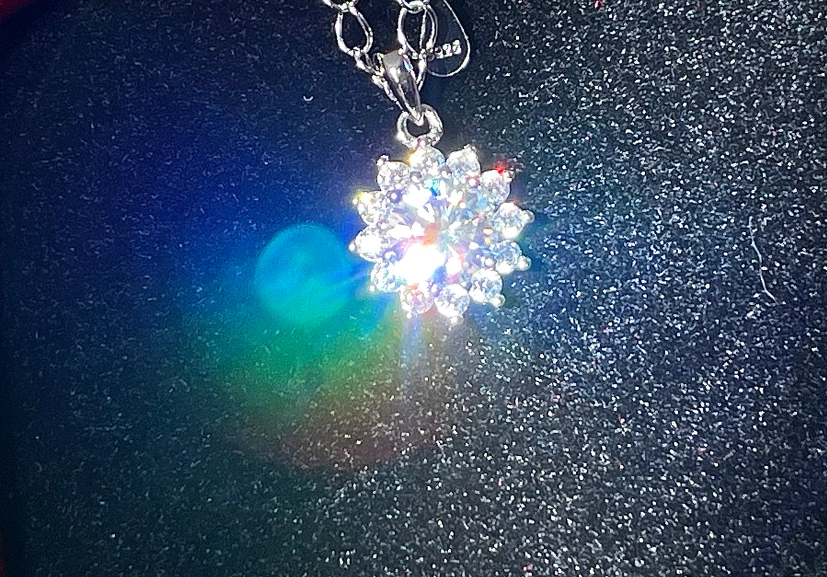 Moissanite necklace. A 1ct or 3ct Moissanite in a halo of sparkling white zircons (I call it the “Sunflower” pendant)! In sterling silver and 18k!