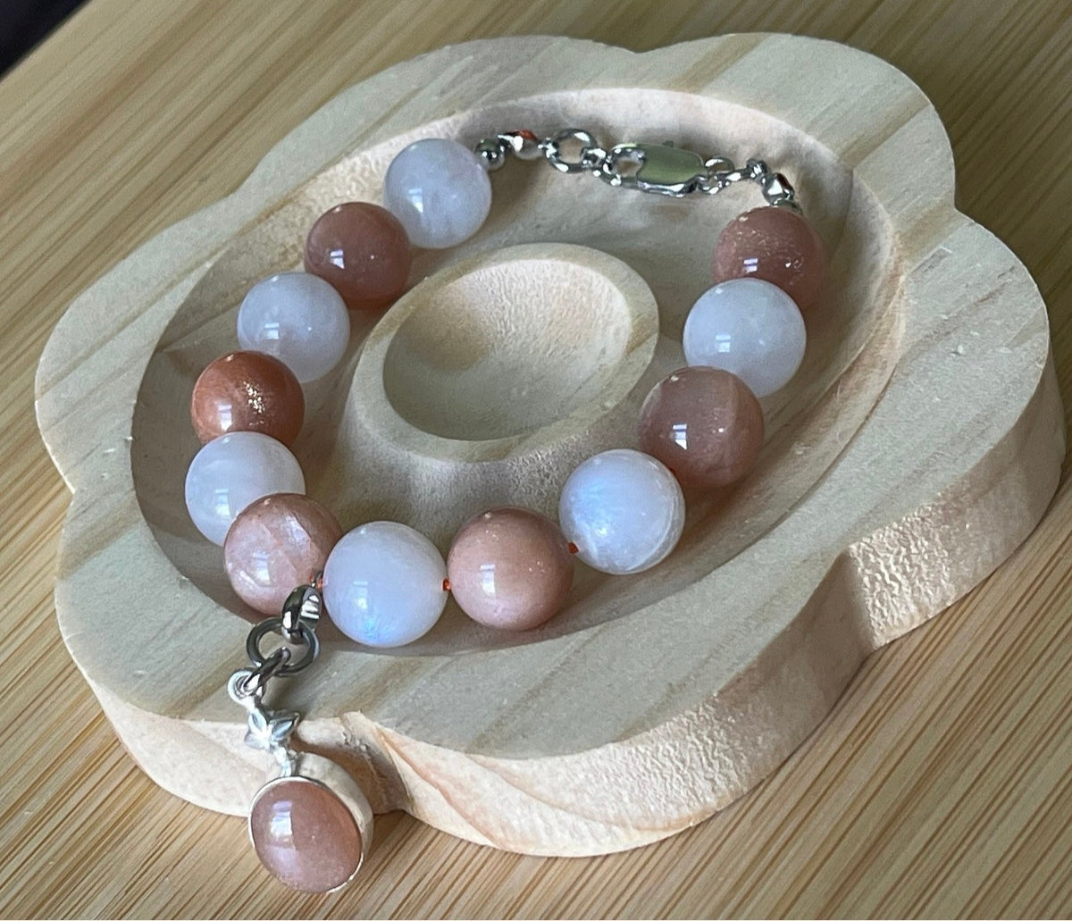 Rainbow moonstone and peach moonstone bracelet, high quality 12mm moonstones and OPTIONAL solid sterling silver moonstone pendant!