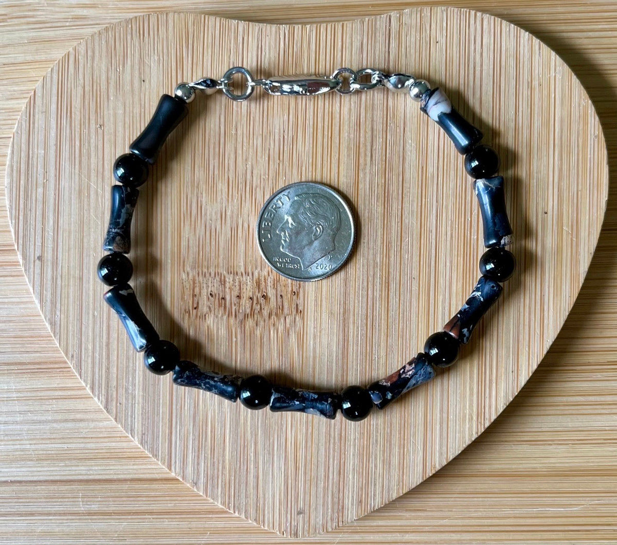 Sea sediment jasper and black onyx bracelet. The “Sticks & Stones” bracelet with your choice of golden or silvery stainless steel!