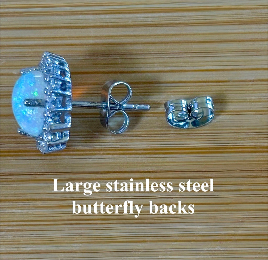 Locking earring backs (stainless steel), sterling silver replacement backs, sterling silver “UFO” security backs and silicone backs.