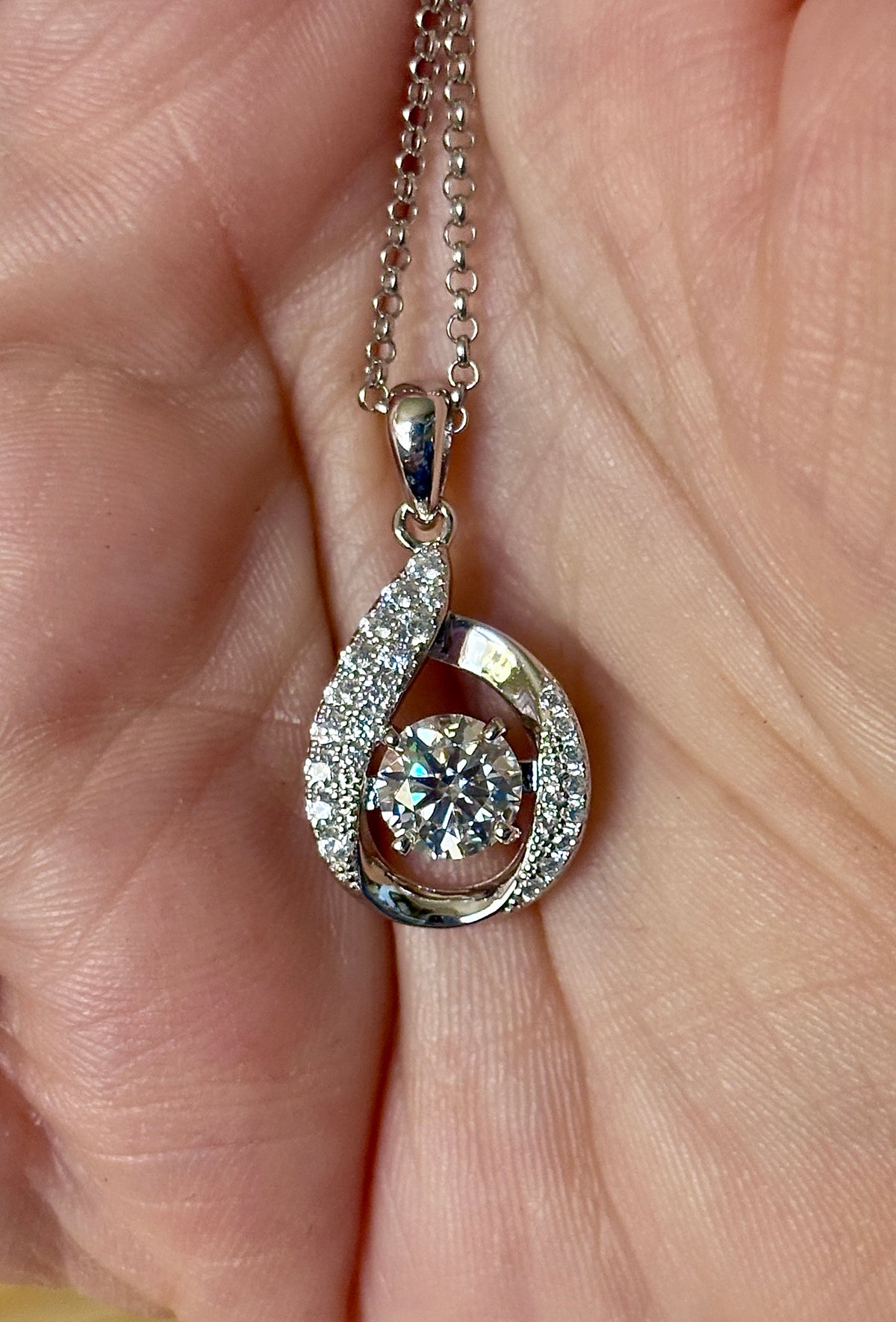 Moissanite necklace. A 1ct 8H8A certified Moissanite water drop-shaped pendant with white zircons, on a nicely weighted rolo chain with lobster claw clasp!