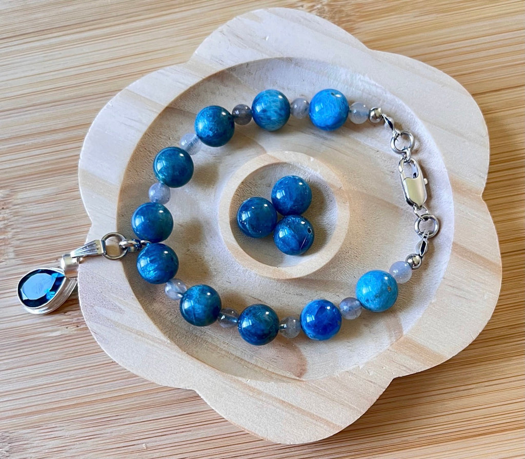 Blue apatite and gray moonstone bracelet with stainless steel hardware and optional sterling silver gemstone pendant!