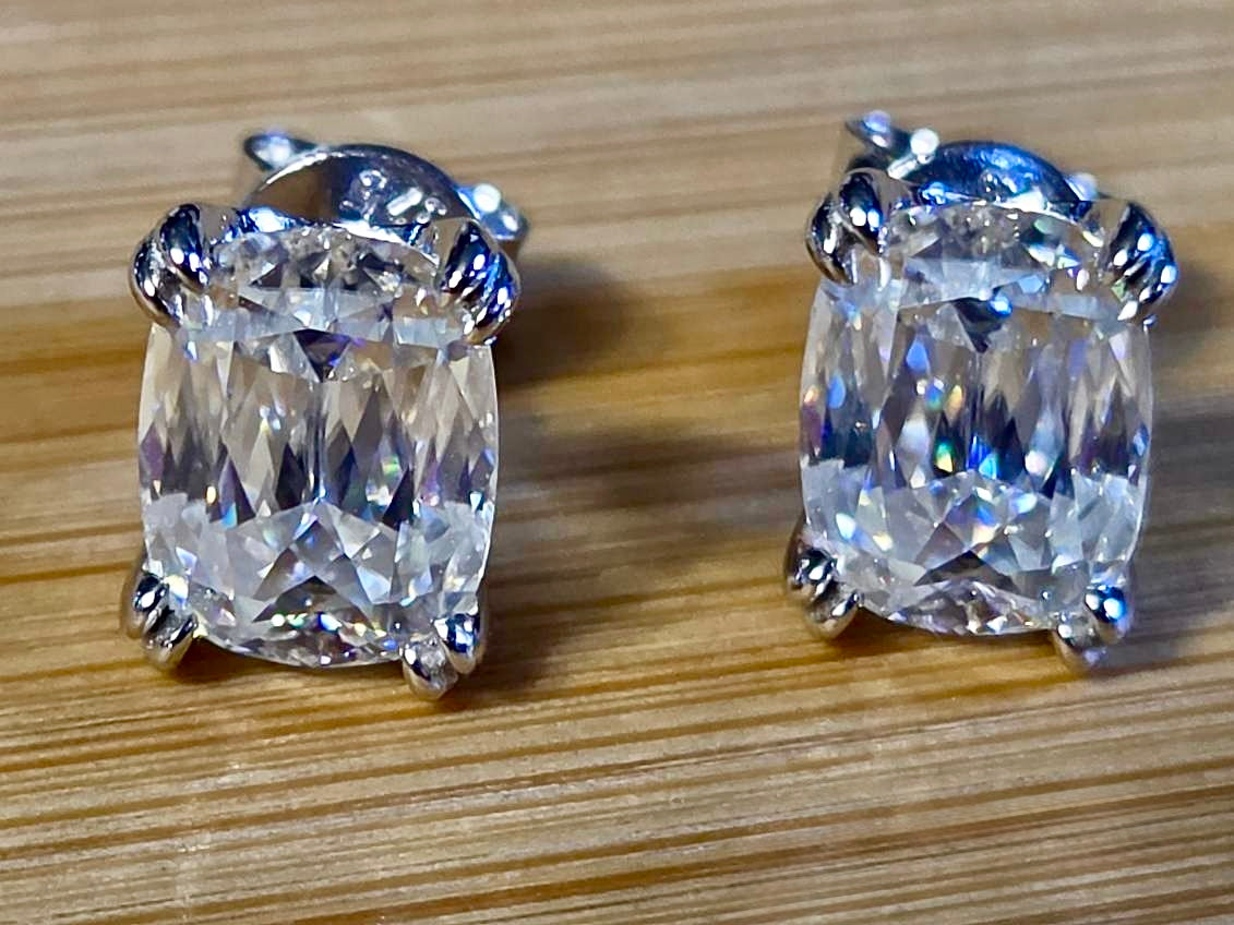 6ctw Ashoka-cut Moissanites in Argentium silver, hand-cut by a Master lapidary! These studs are the highest of the high end!