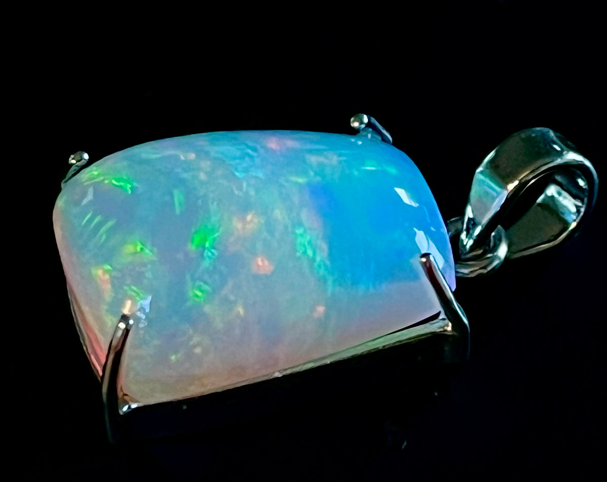 9.2ct white Ethiopian opal/Welo fire opal pendant. SPECTACULAR domed rectangular AAA opal cabochon in solid sterling silver! Stellar!