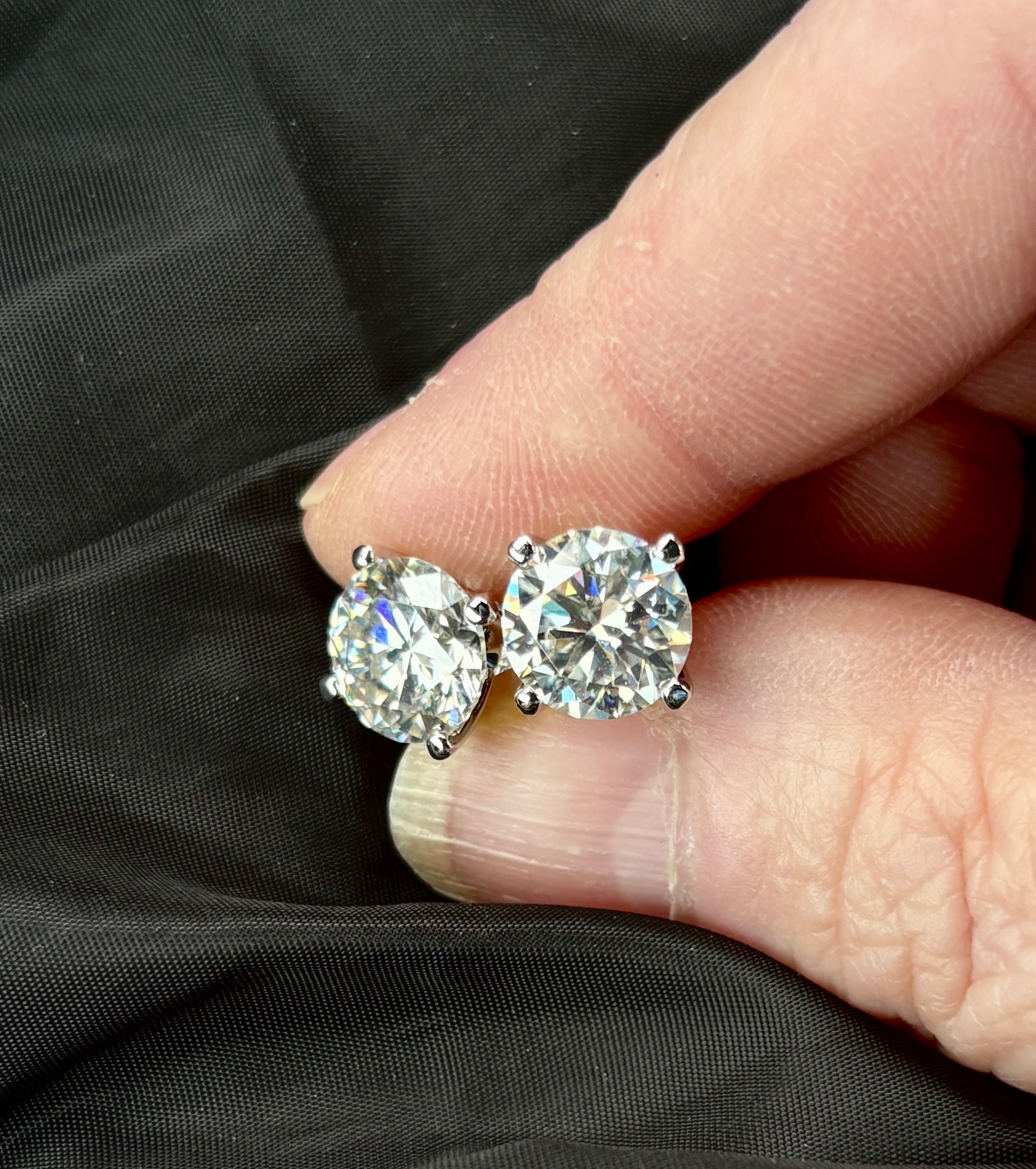 Moissanite earrings. A 6cttw certified pair of high-end boutique-quality Moissanite studs in my sturdy sterling and 18k 4-claw mountings!