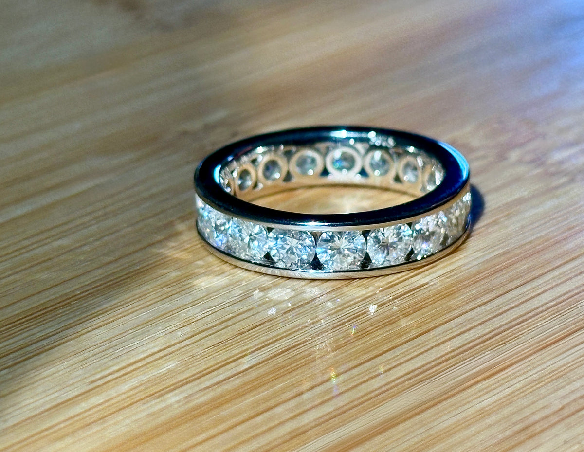 Moissanite ring. A 5.10cttw or 4.8cttw (depending on size) Moissanite eternity ring. A channel-set, classy and classic design - beautiful!