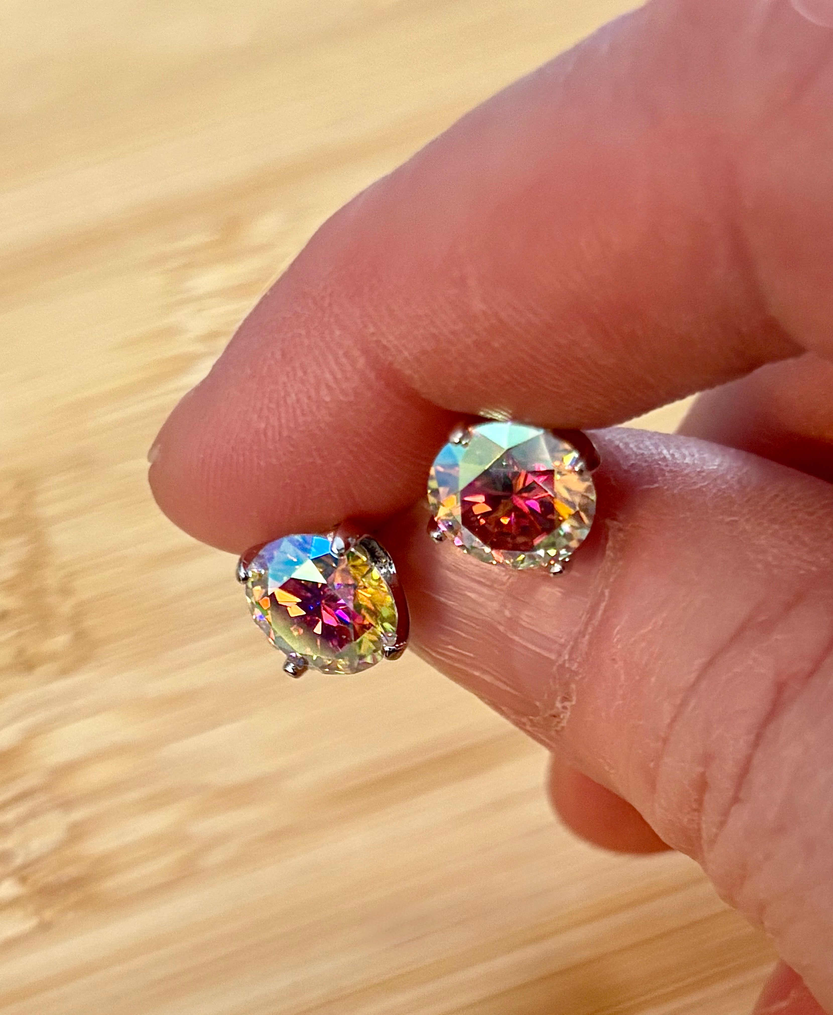 6ctw Moissanite “Kaleidoscope” studs! A pair of colorful, color-shifting, MESMERIZING Moissanite studs, DOUBLE certified and flashy in 18k plated sterling silver!