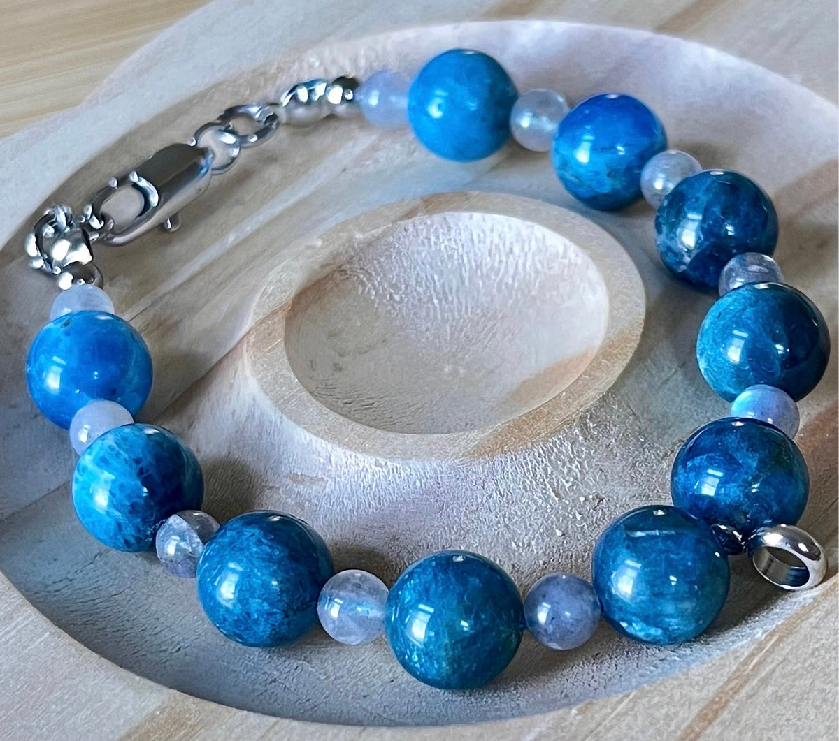 Blue apatite and gray moonstone bracelet with stainless steel hardware and optional sterling silver gemstone pendant!