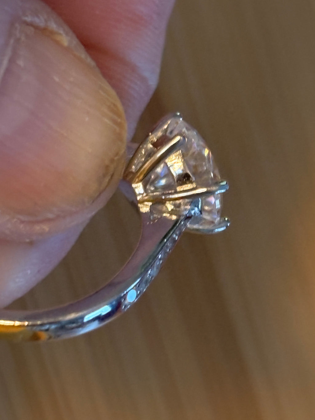 Moissanite ring. A delicious 3ct certified Moissanite solitaire with tapered shoulders and pavé-set white zircons in sterling and 18k gold!