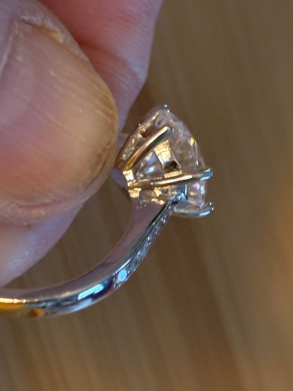 Moissanite ring. A delicious 3ct certified Moissanite solitaire with tapered shoulders and pavé-set white zircons in sterling and 18k gold!