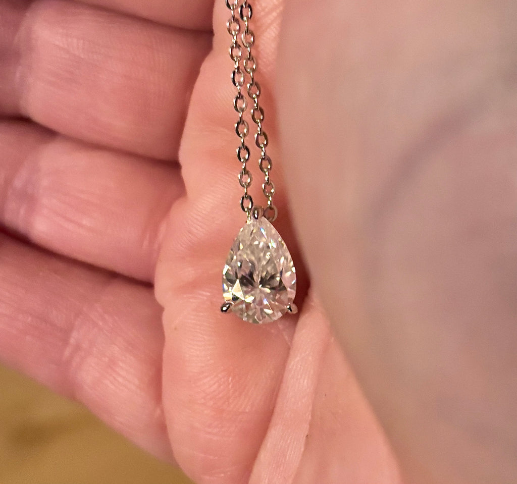 Moissanite necklace. A GORGEOUS certified 4ct pear-cut Moissanite pendant in sterling and 18k white gold on a nice 22” cable link chain!