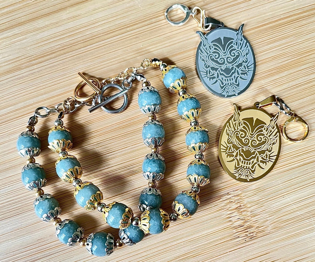 Myanmar Burma jade bracelet. “Year of the Dragon” bracelet with beautiful greenish-blue faux jade and golden or silvery stainless steel!