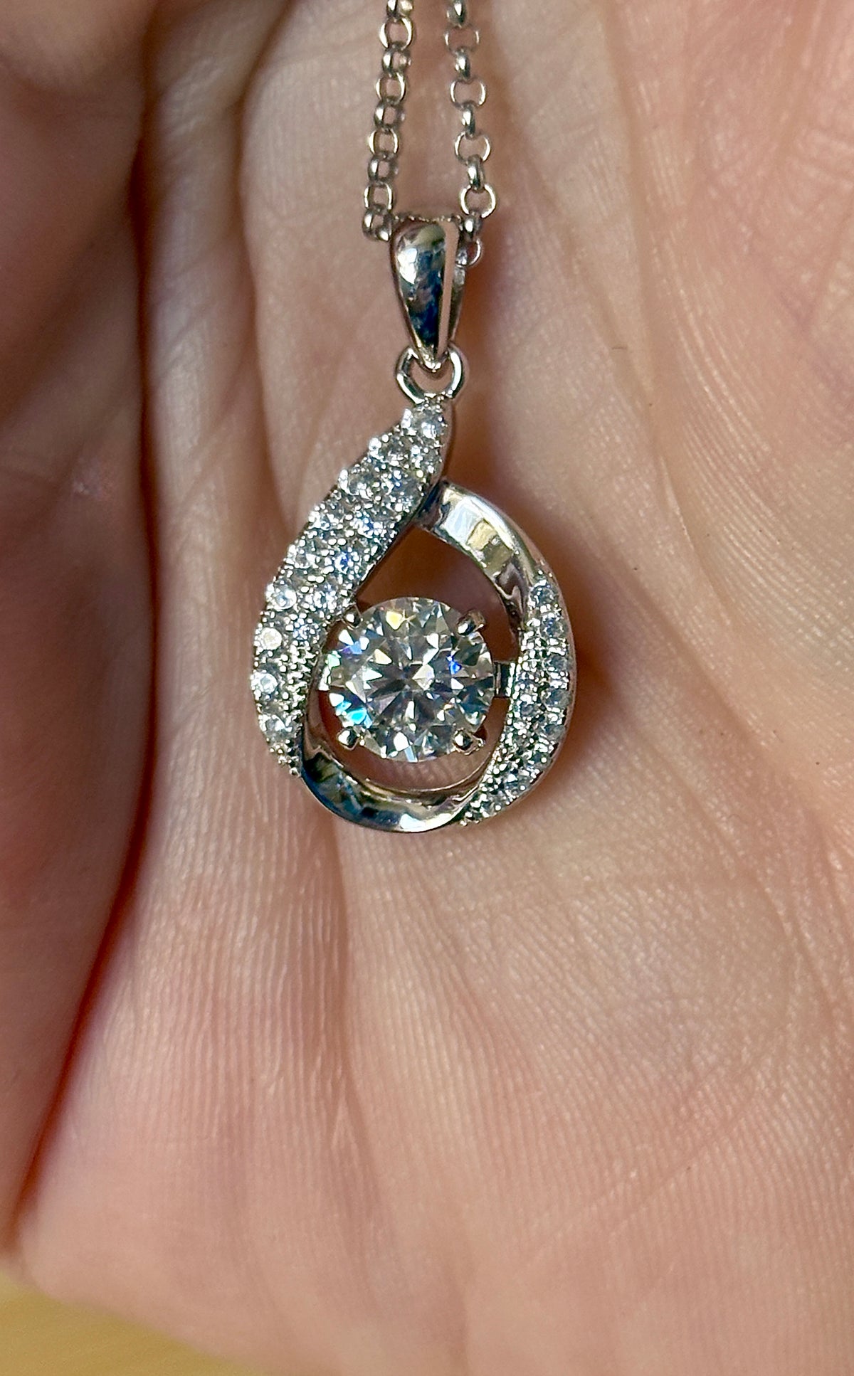 Moissanite necklace. A 1ct 8H8A certified Moissanite water drop-shaped pendant with white zircons, on a nicely weighted rolo chain with lobster claw clasp!