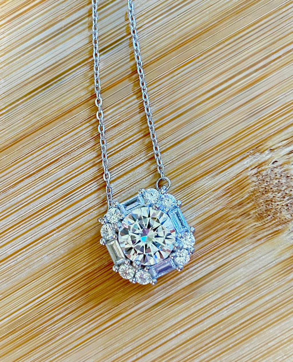 Moissanite necklace. A FIERY certified 3ct “8 hearts, 8 arrows” Moissanite in a super flashy geometric zircon halo, for a 4cttw necklace!