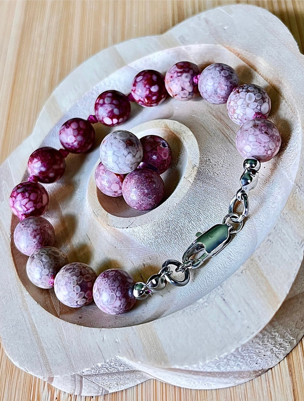 Chrysanthemum stone bracelet, hand knotted with 10mm beads, stainless steel and optional sterling silver rubellite tourmaline pendant!