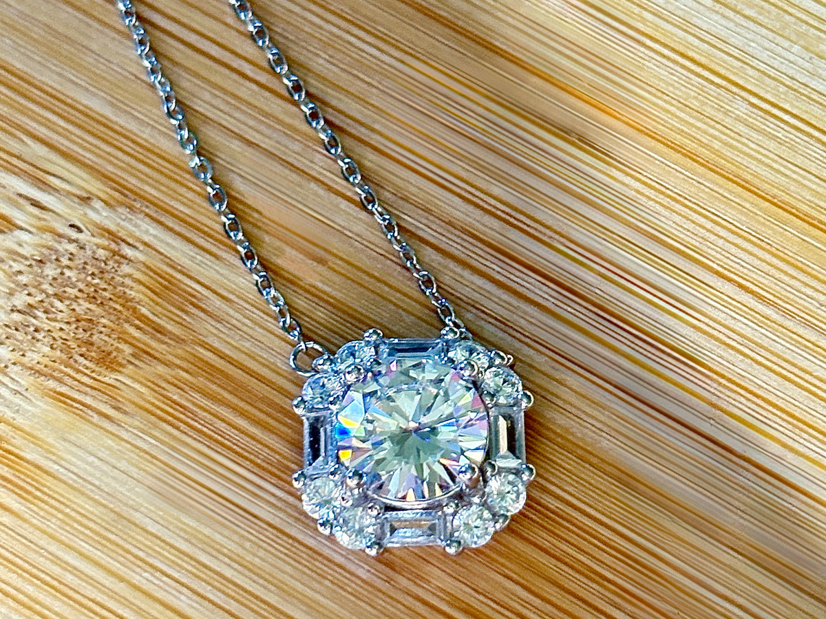 Moissanite necklace. A FIERY certified 3ct “8 hearts, 8 arrows” Moissanite in a super flashy geometric zircon halo, for a 4cttw necklace!