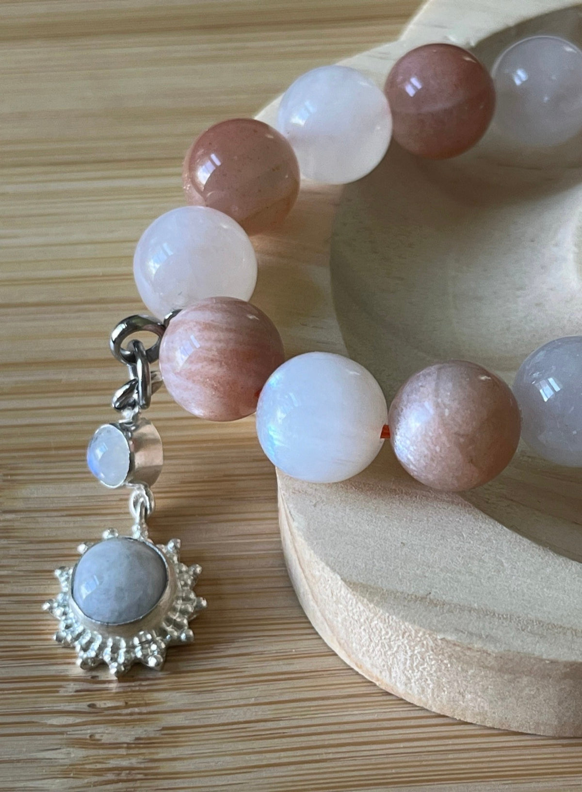 Rainbow moonstone and peach moonstone bracelet, high quality 12mm moonstones and OPTIONAL solid sterling silver moonstone pendant!
