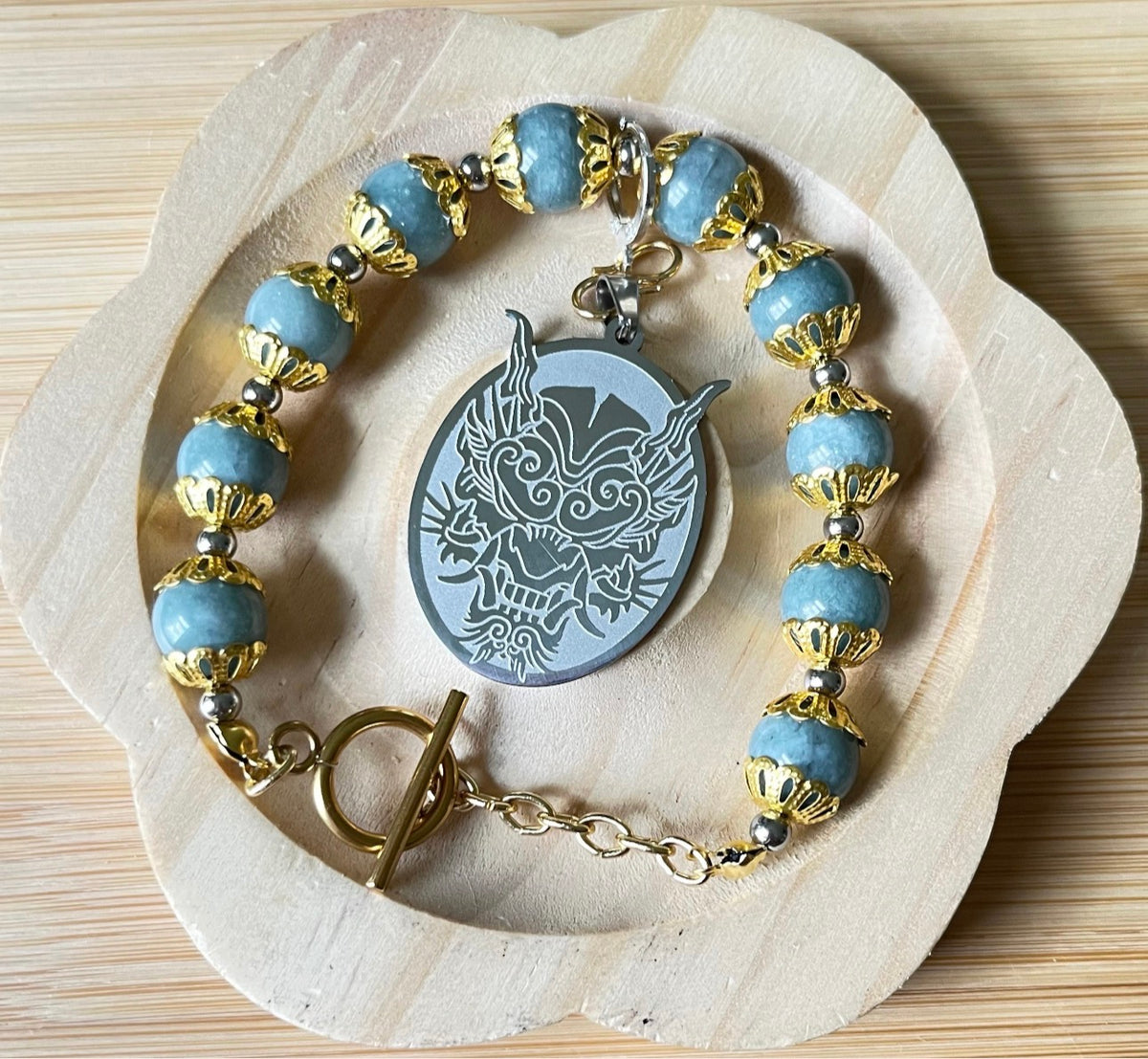 Myanmar Burma jade bracelet. “Year of the Dragon” bracelet with beautiful greenish-blue faux jade and golden or silvery stainless steel!