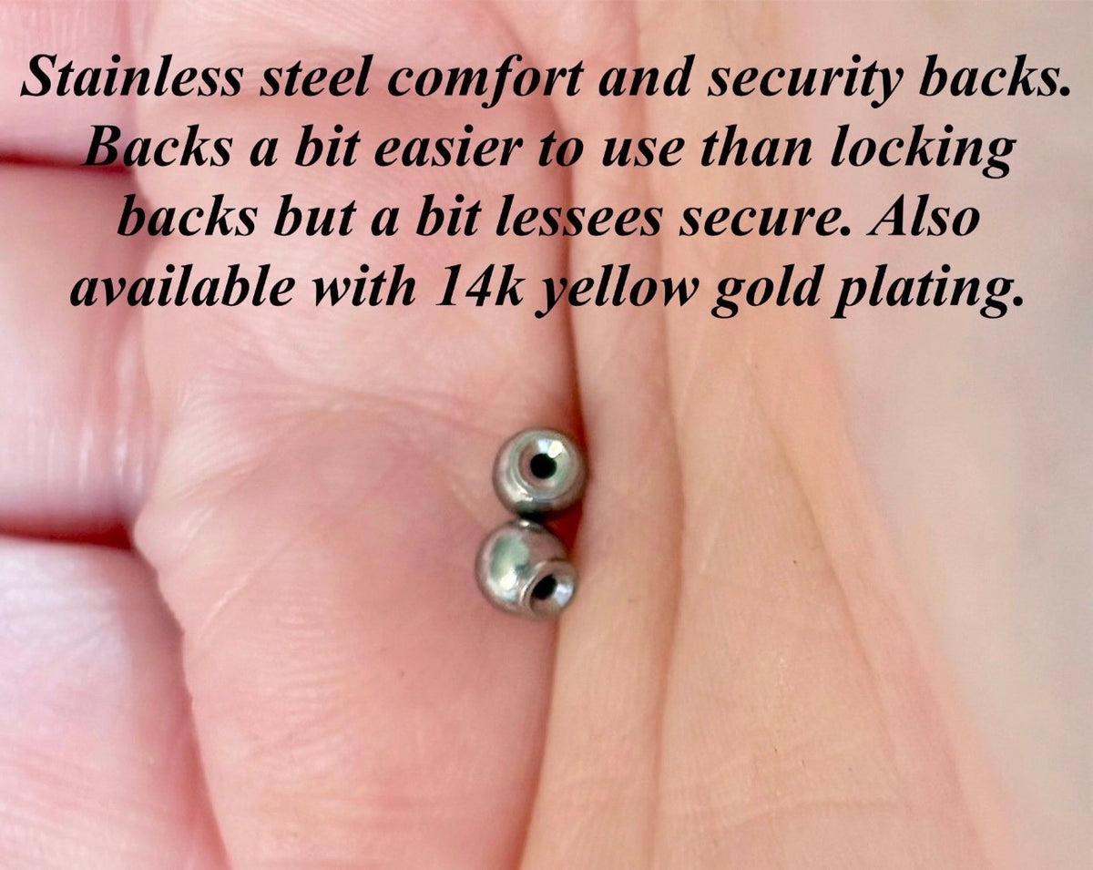 Locking earring backs (stainless steel), sterling silver replacement backs, sterling silver “UFO” security backs and silicone backs.