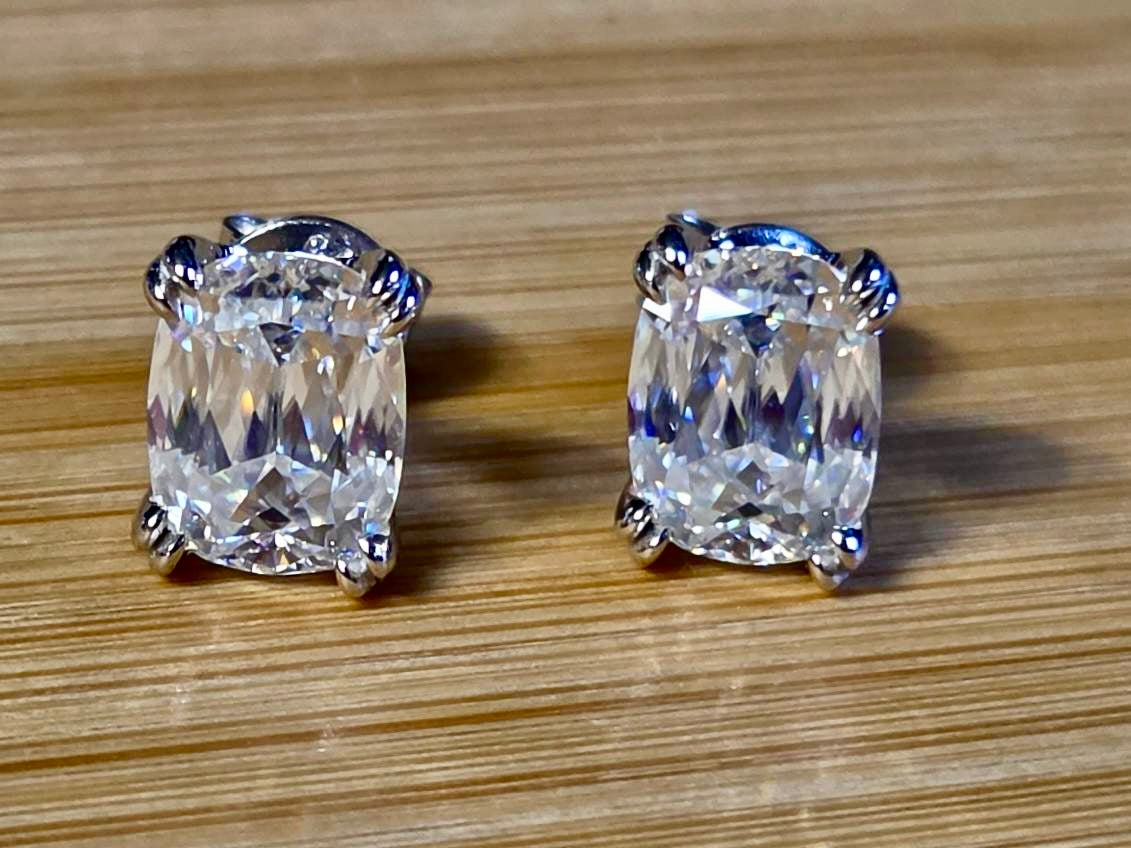 6ctw Ashoka-cut Moissanites in Argentium silver, hand-cut by a Master lapidary! These studs are the highest of the high end!