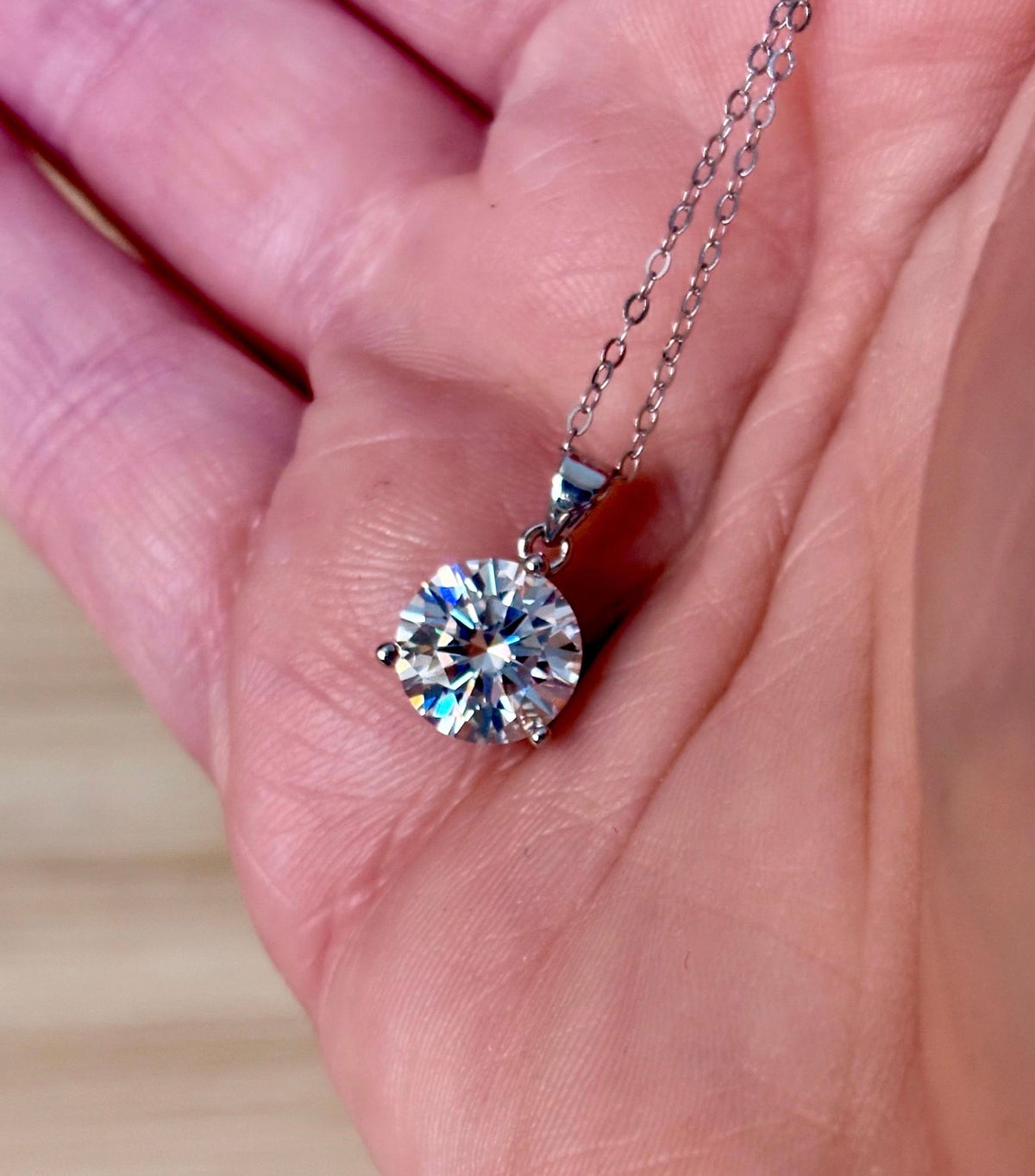 Moissanite necklace. A bright, white 3ct Moissanite solitaire in a minimalist sterling silver 3-prong mounting! Just gorgeous!