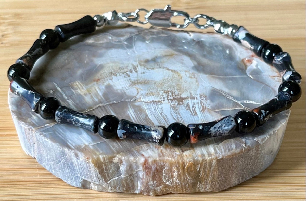 Sea sediment jasper and black onyx bracelet. The “Sticks & Stones” bracelet with your choice of golden or silvery stainless steel!