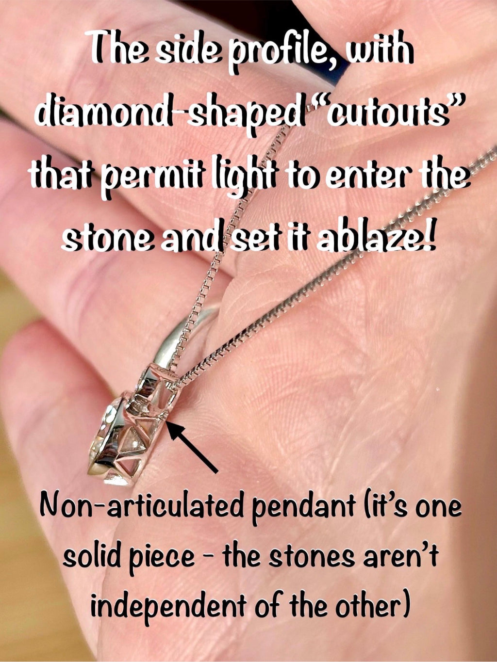 Moissanite necklace. A bright 2.1ctw certified Moissanite bezel pendant, with a 18” box chain and lobster claw clasp in sterling silver!