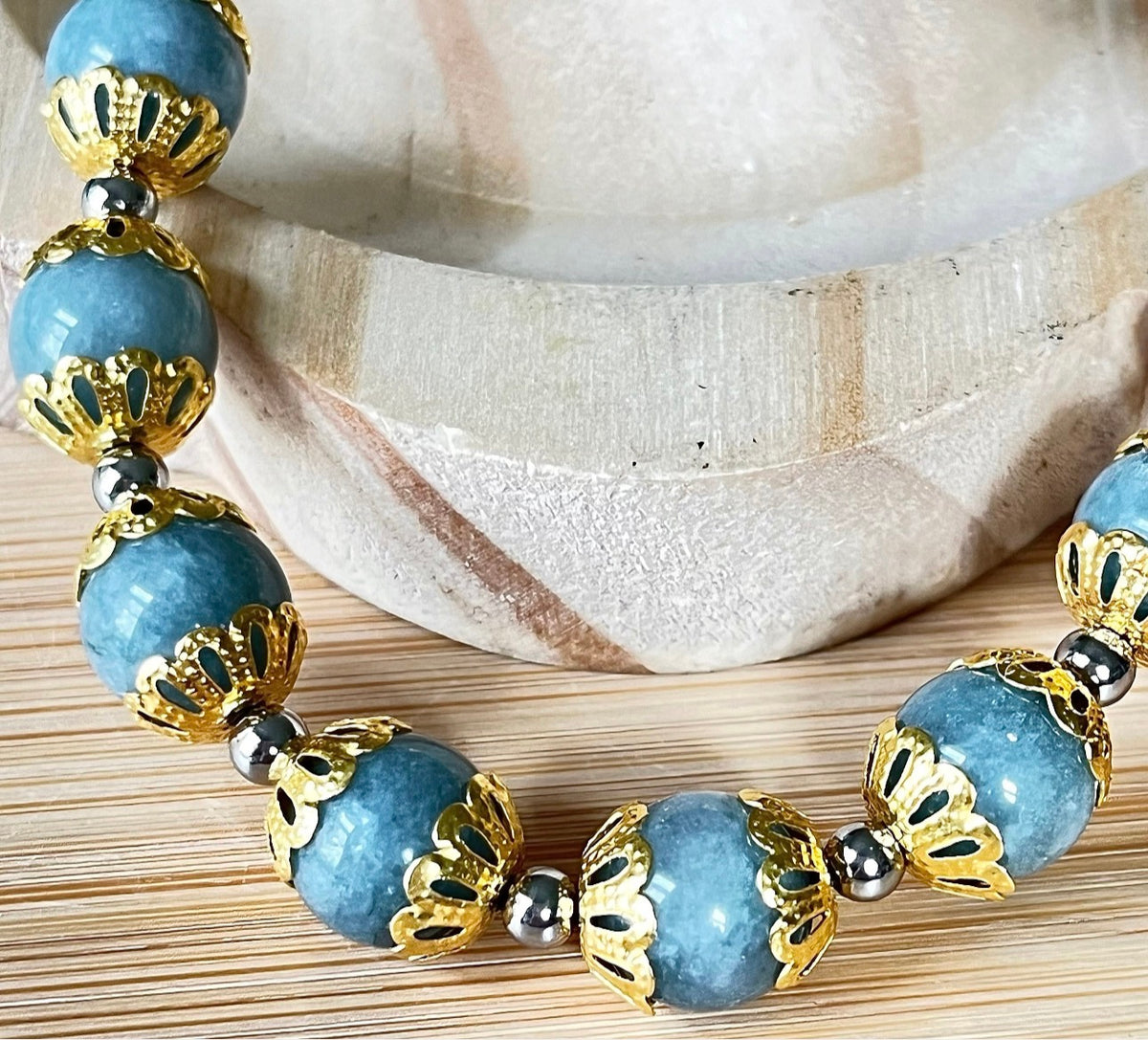 Myanmar Burma jade bracelet. “Year of the Dragon” bracelet with beautiful greenish-blue faux jade and golden or silvery stainless steel!