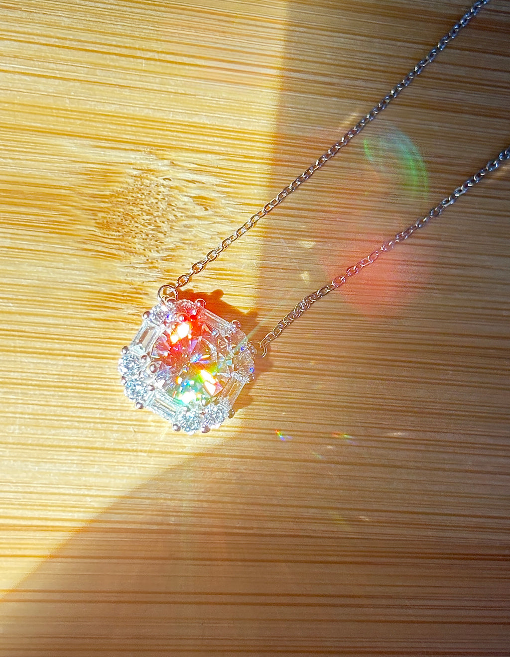 Moissanite necklace. A FIERY certified 3ct “8 hearts, 8 arrows” Moissanite in a super flashy geometric zircon halo, for a 4cttw necklace!