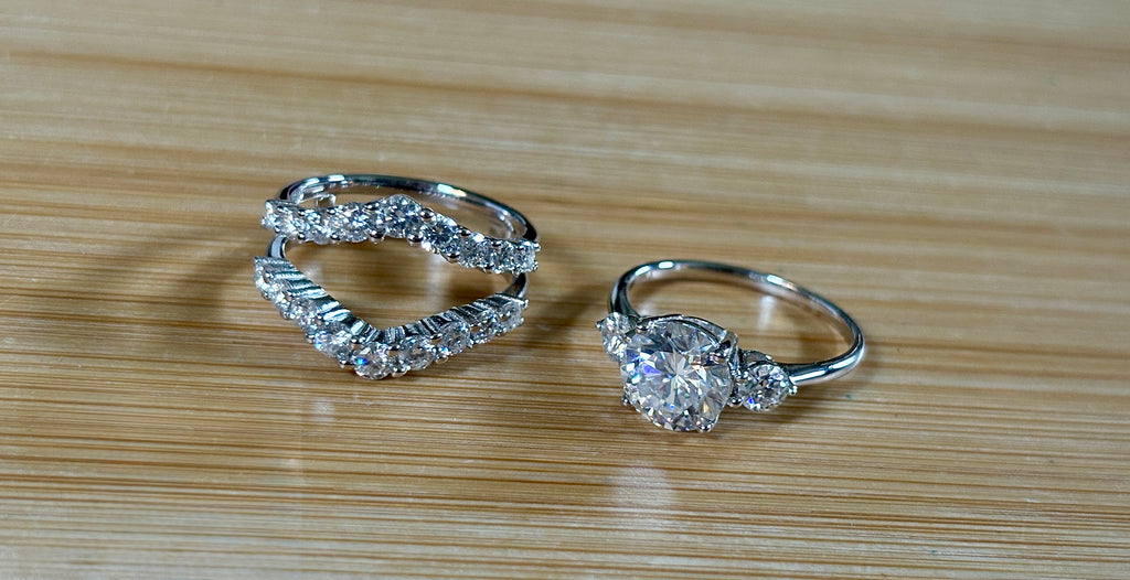 Moissanite bridal set. A certified 3ct Moissanite with a FULLY Moissanite double ring guard, for 5.08cttw! Wear them separately or together!
