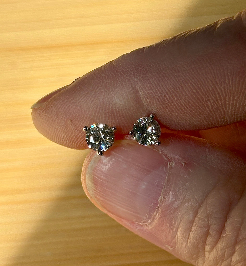 1ctw DOUBLE certified Moissanite studs, D-color and VVS1 clarity in delicate 3-claw settings! Minimalist design with substantial fire!