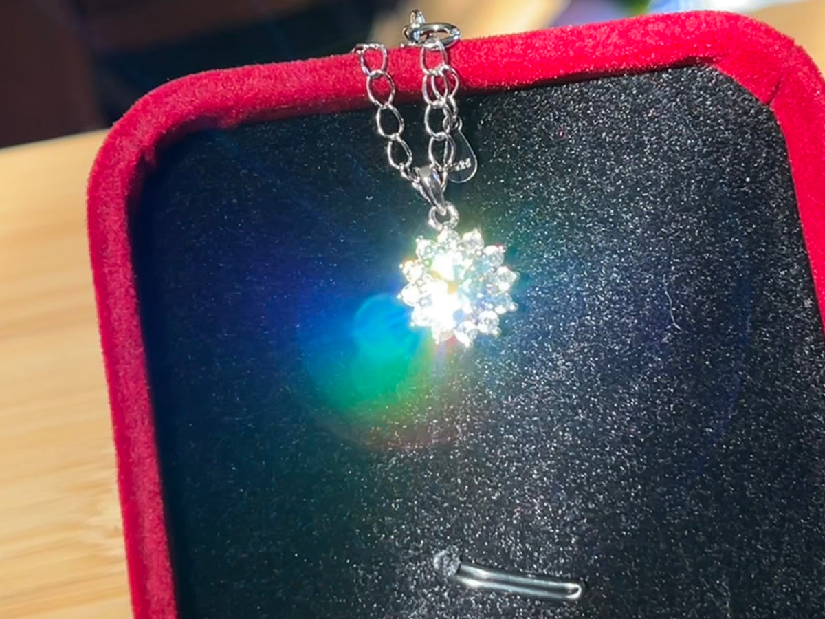 Moissanite necklace. A 1ct or 3ct Moissanite in a halo of sparkling white zircons (I call it the “Sunflower” pendant)! In sterling silver and 18k!