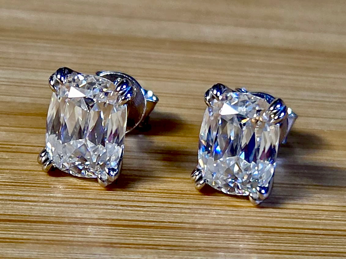 6ctw Ashoka-cut Moissanites in Argentium silver, hand-cut by a Master lapidary! These studs are the highest of the high end!