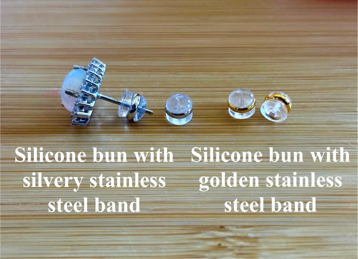 Locking earring backs (stainless steel), sterling silver replacement backs, sterling silver “UFO” security backs and silicone backs.