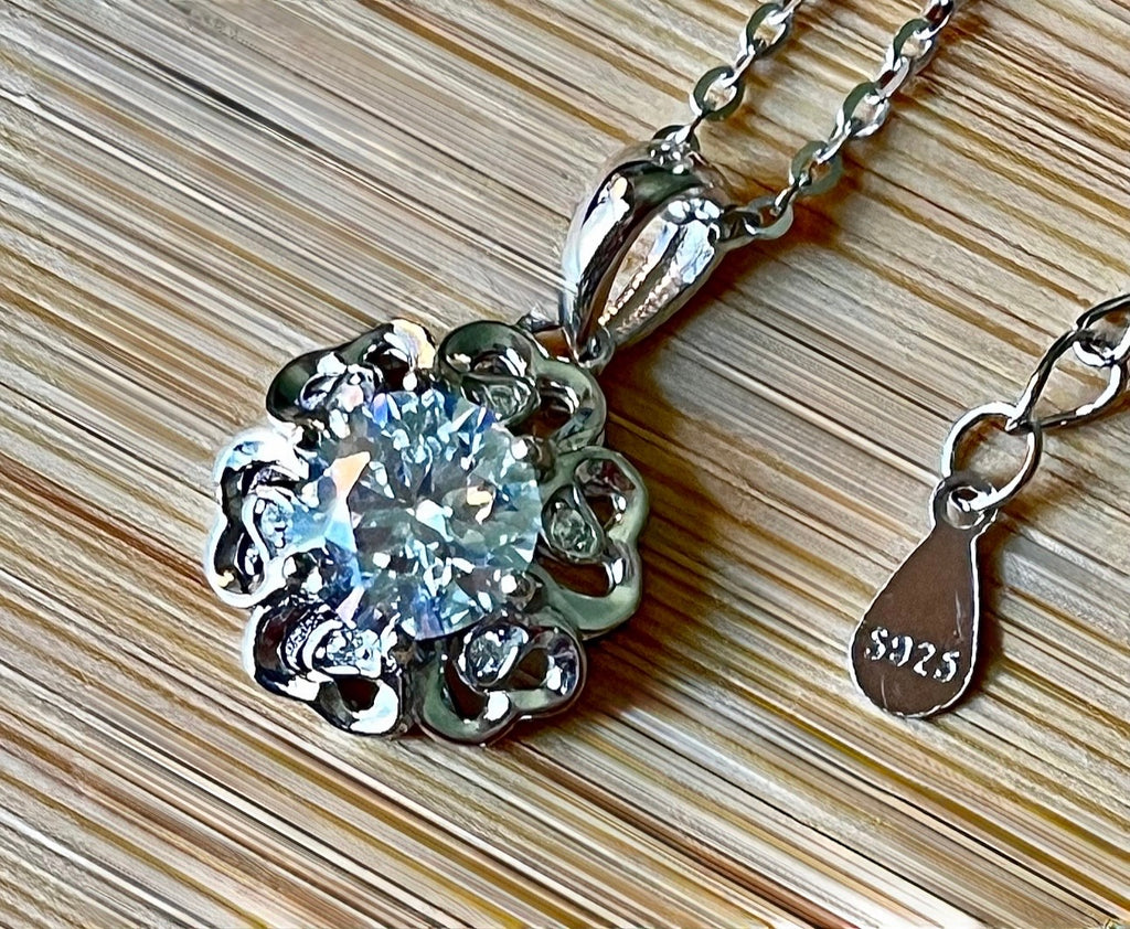 CERTIFIED Moissanite necklace! 1ct white OR light blue Moissanite with zircon accents in solid sterling! *Two times* more refractive than diamond!