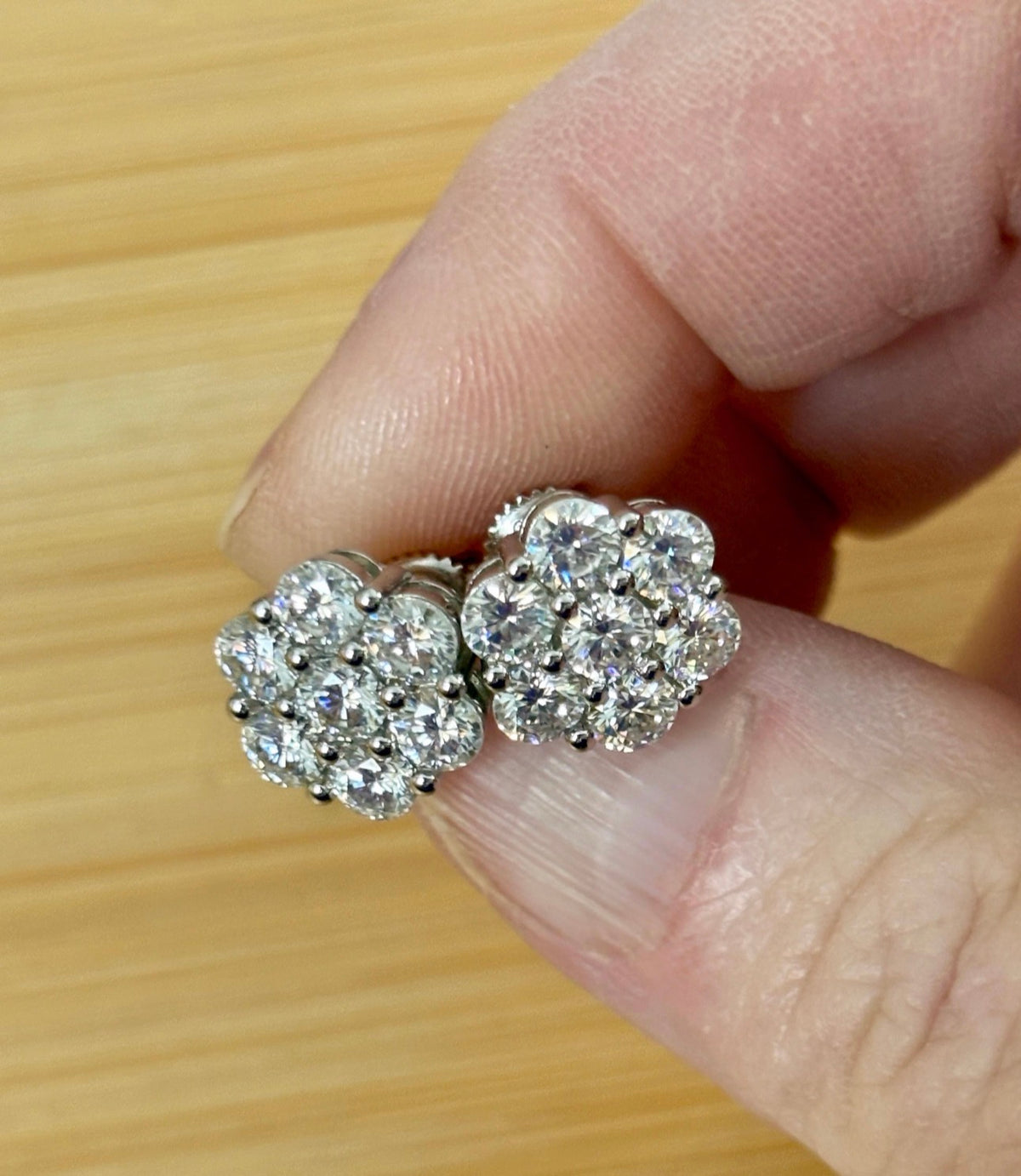 Moissanite earrings. A 4.2cttw certified pair of glamorous Moissanite cluster earrings with gorgeously bright stones and screw-on ear nuts!