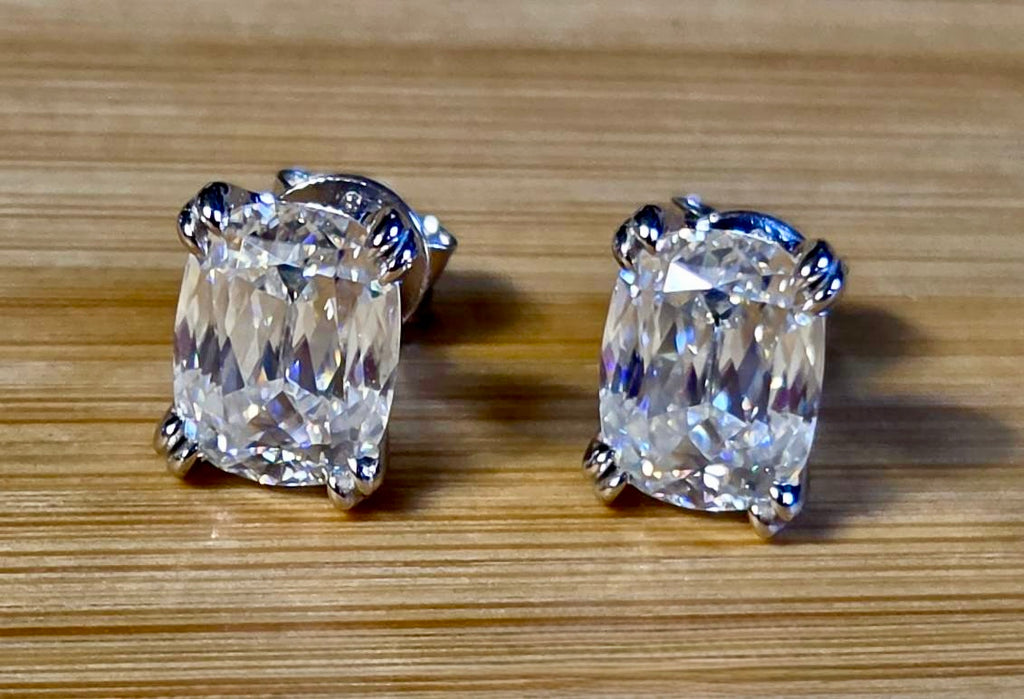 6ctw Ashoka-cut Moissanites in Argentium silver, hand-cut by a Master lapidary! These studs are the highest of the high end!